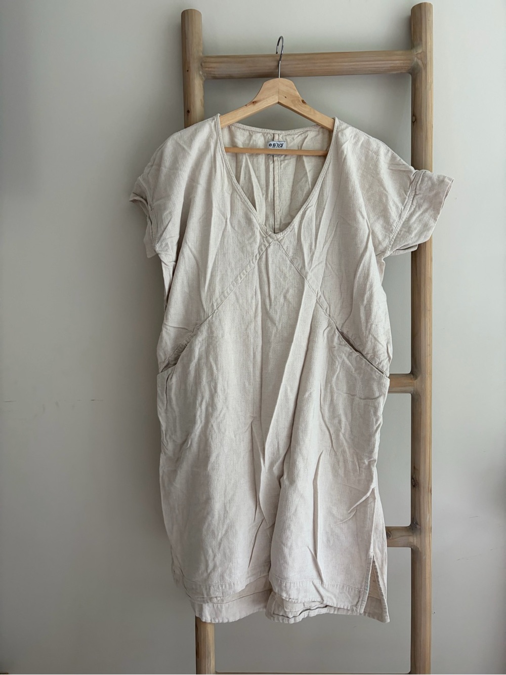 esby Alice Cream V-Neck Linen cotton Shift Dress